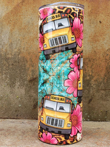 School bus tumbler pink flowers