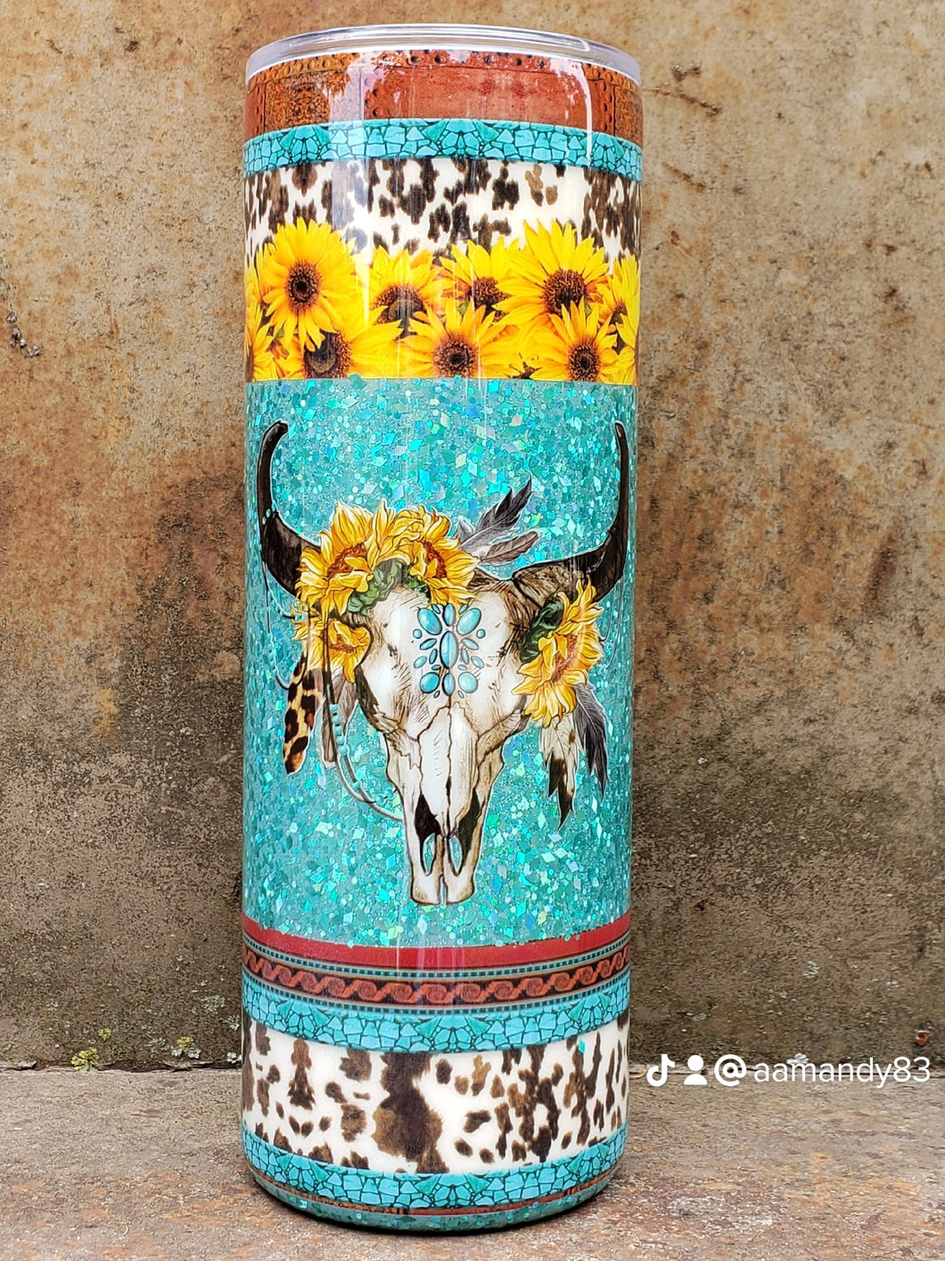 Sunflower cow print skull tumbler